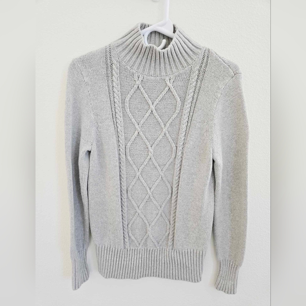 J Crew Cambridge Cable Knit Turtleneck Sweater, Heather Grey, Size Small‎